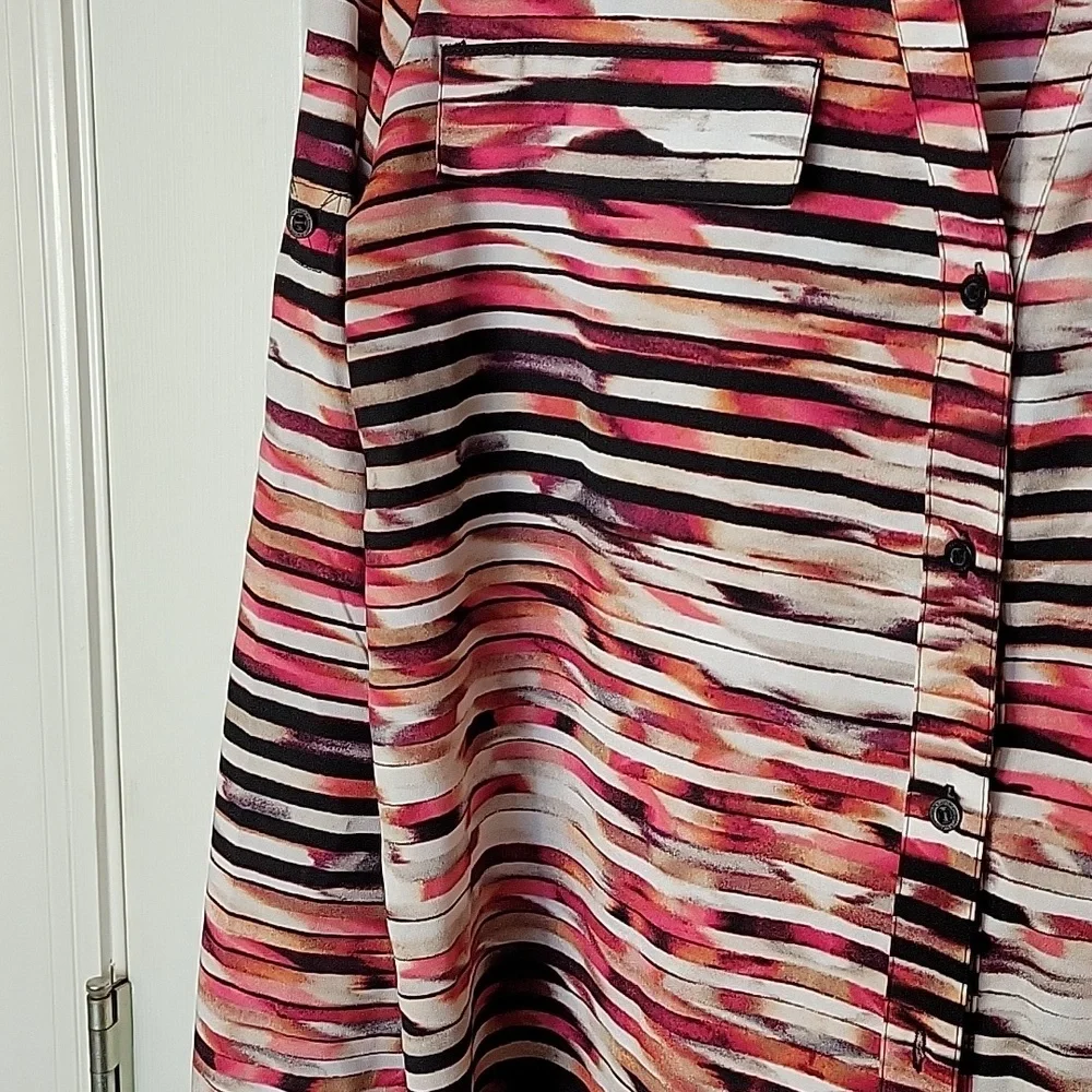 Calvin Klein Blouse Large Pink Purple Black White Tan Stripe Military